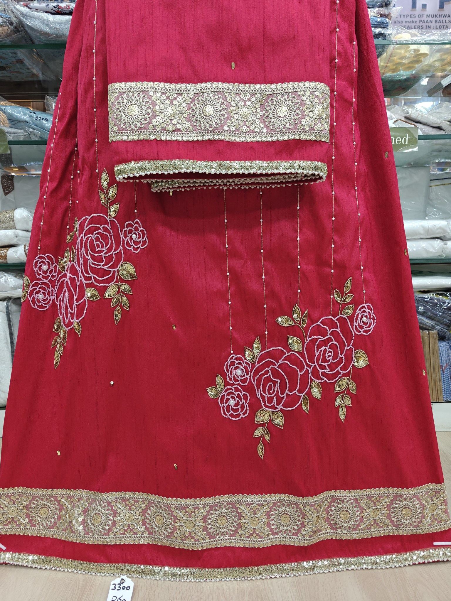  Flower Bunch drop Pattern, Hand Work, Red Bridal Rida